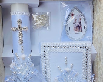 First Communion Candle Set: Rosary, Missal, Scapular, Handkerchief