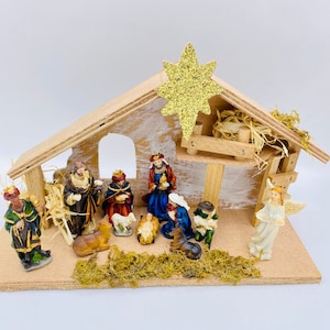 Resin Christmas Nativity Scene: 12-Piece Set with Wood Manger