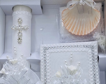 5pcs Baptism Candle Set: White Christening Set with Bible & Seashell
