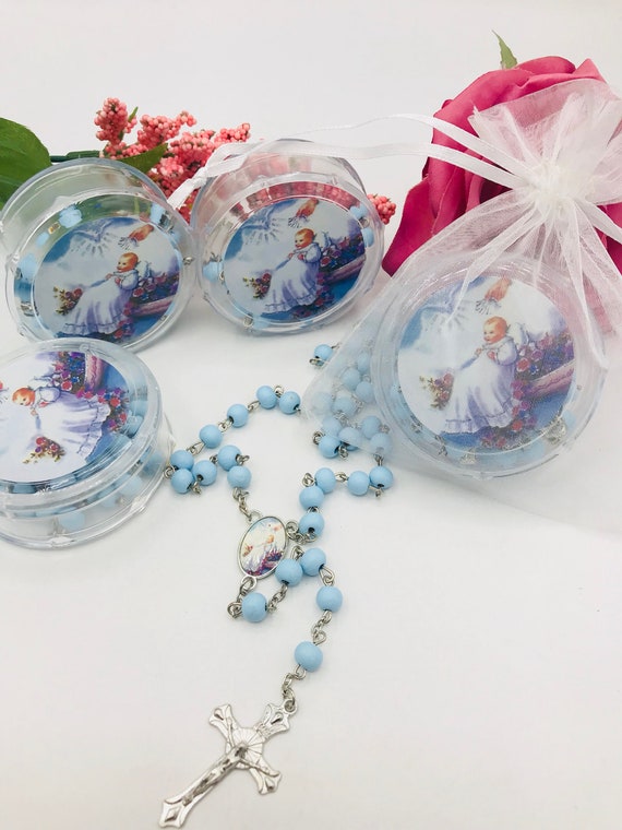 12 Baptism favorsRecuerdos para Bautiz\u00f3 de nino blue wood rosaries with box