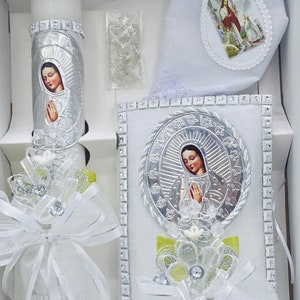 Deco-shop Vela bautizo niña de cera blanca, vela primera comunión,decorada  con lazo y flores .medida altura 35 cm. (Vela azul) : : Productos  Handmade