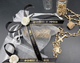 12pcs Funeral Favor/memorial favor gift/celebration of life/ R.I.P personalized ribbons  glass bottle & Rosary D.E.P Listones grabados