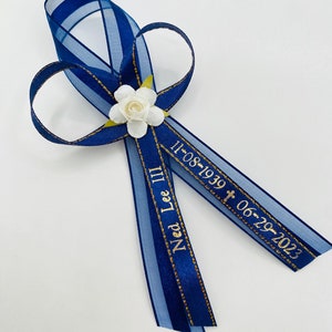 200-100-75-24-36 48pcs Funeral Favor/ Funeral gift /personalized ribbons with safety pin Custom Ribbons   Listones grabados DOUBLE RIBBONS
