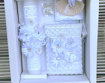 Elegant White Baptism Candle Set: 5-Piece Christening Set