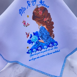 12 Quinceanera Favors Napkins: Blue Polyester Recuerdos, 10x12”