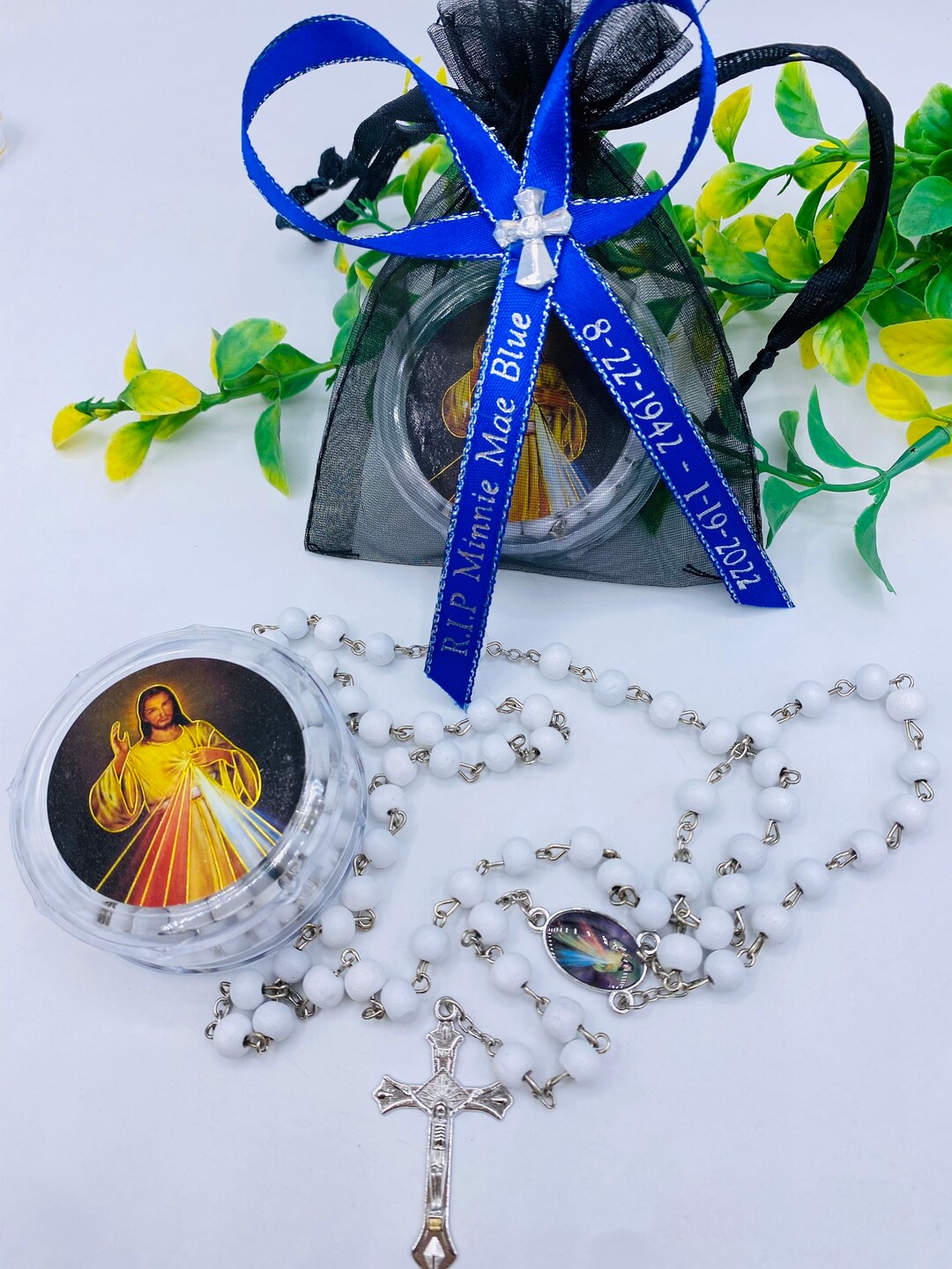 12pcs Funeral Favors Wooden Rosary Royal Blue Personalized Ribbons