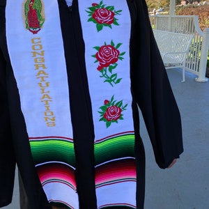 Virgen De Guadalupe Graduation Stole: Mexican Embroidered Floral Sarape