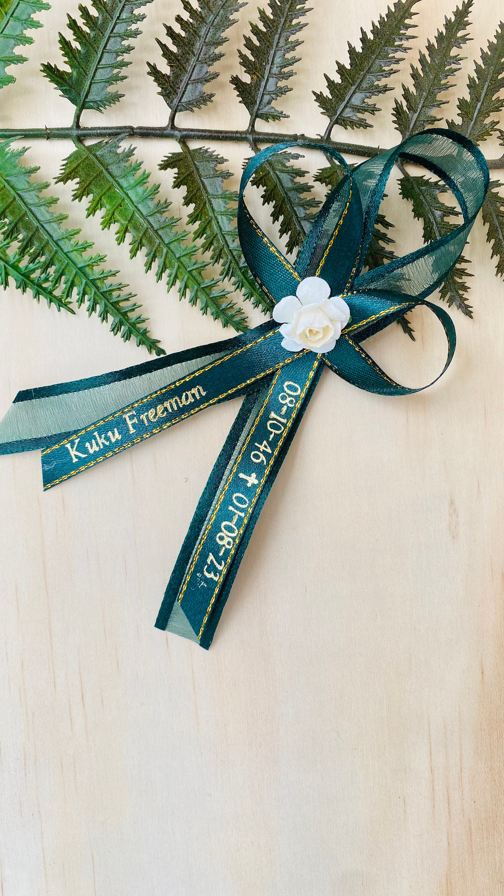 Personalized Funeral Ribbons With Pin: Emerald Green & Gold 