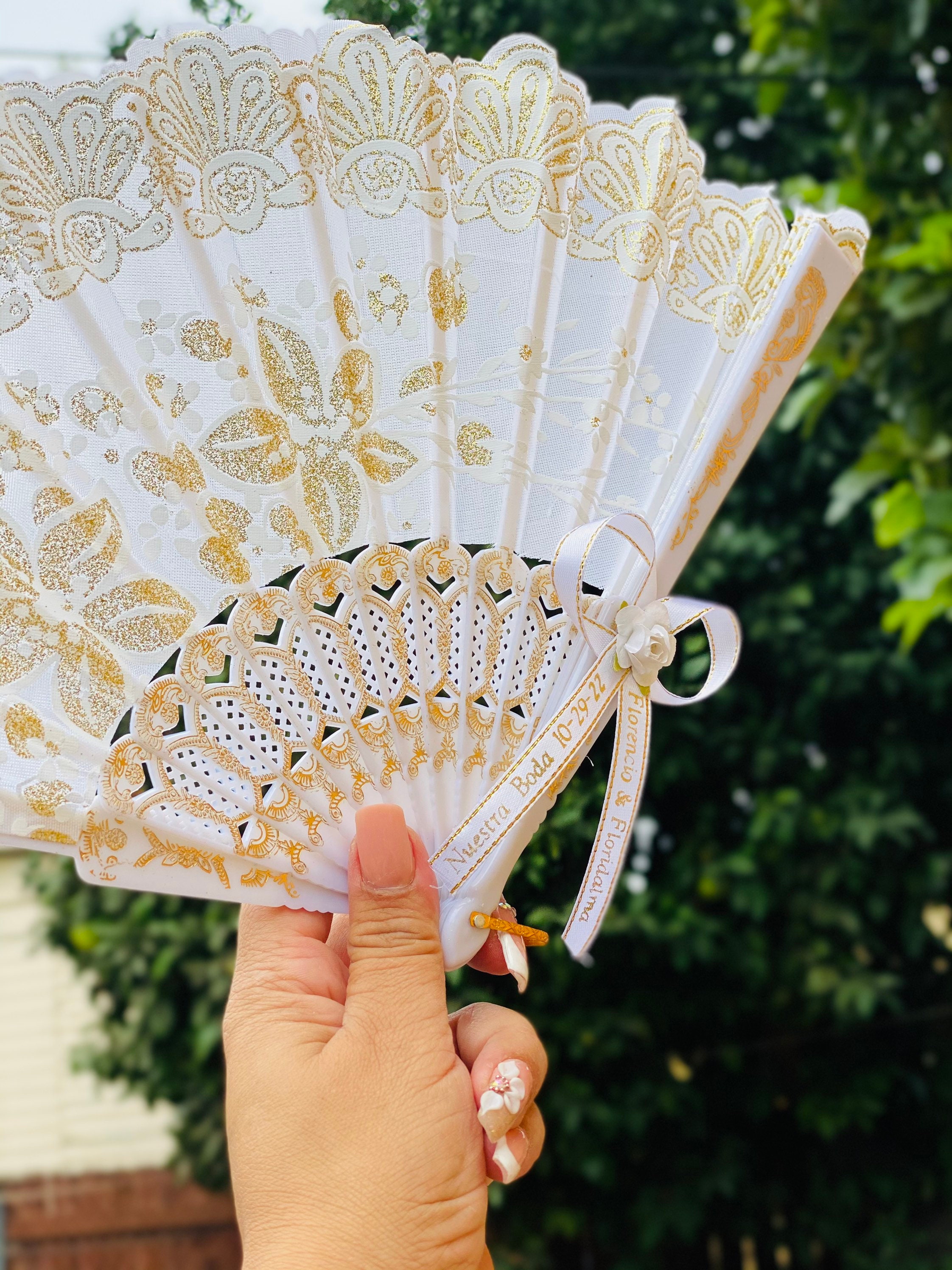 12 White & Gold Hand Fans: Personalized Quinceañera Wedding 