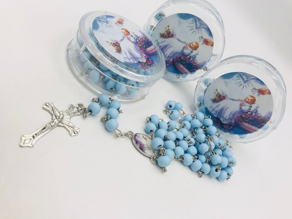 12 Baptism favorsRecuerdos para Bautiz\u00f3 de nino blue wood rosaries with box