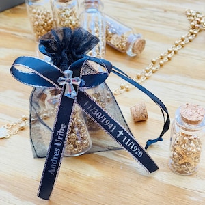 12pcs Funeral Favor/memorial favor gift/celebration of life/ R.I.P personalized ribbons glass bottle & Rosary Listones grabados BLACK BAGS