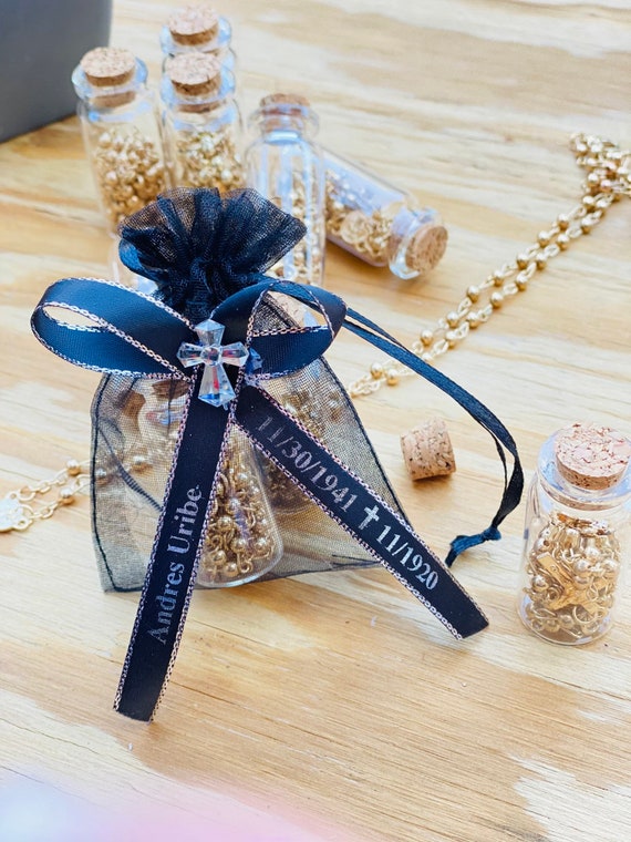 12pcs Funeral Favor memorial Favor Gift celebration of Life R.I.P Personalized Ribbons Glass Bottle Rosary Listones Grabados BLACK BAGS Etsy