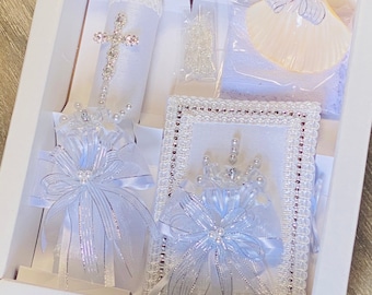 Elegant White Baptism Candle Set: Christening Decor, Seashell & Bible