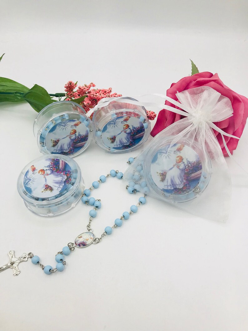 12 Baptism favorsRecuerdos para Bautiz\u00f3 de nino blue wood rosaries with box