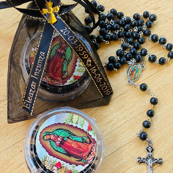 12 Funeral Rosaries with Personalized Ribbon: Guadalupe Memorial Favors
