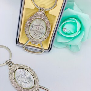 Baptism Favors: Dove & Cross Keychain, Bottle Opener - Set of 24
