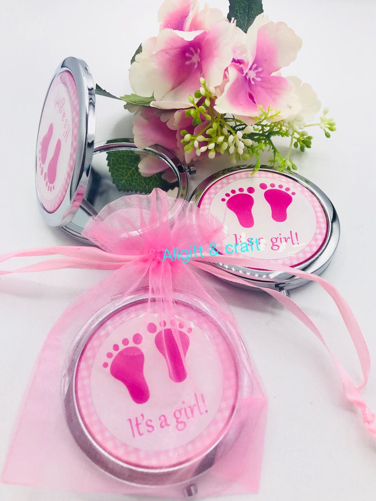 12 Baby Shower party favor mirror Stork with baby girl pink-Espejo 