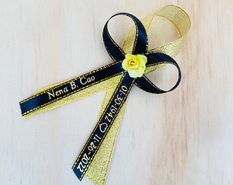 Personalized Funeral Ribbon Favors: Gold Sheer Ribbon with Pin
