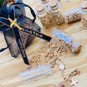 12pcs Funeral Favor/memorial favor gift/celebration of life/ R.I.P personalized ribbons  glass bottle & Rosary D.E.P Listones grabados