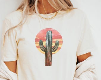 Camiseta con estampado de cactus del desierto y puesta de sol, estilo bohemio western.