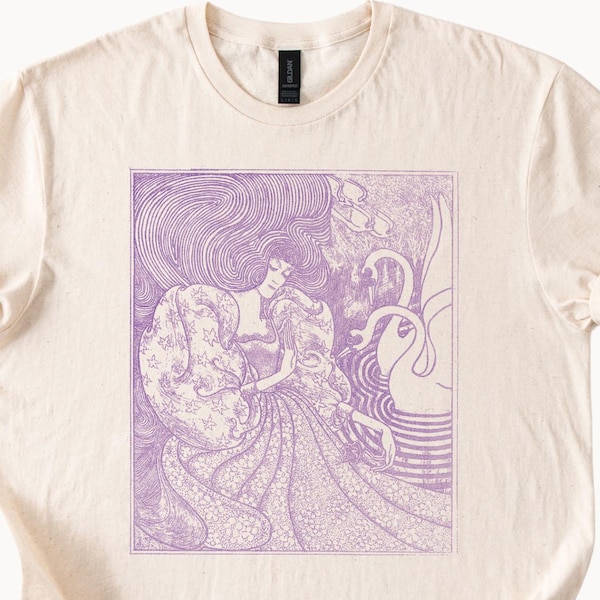 Art Nouveau woman with flowing hair swan and abstract waves graphic T shirt natural color cotton soft aesthetic apparel