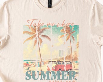 Portami dove l'estate non finisce mai T-shirt da spiaggia con palme e furgone, grafica in cotone naturale, stile costiero, atmosfera retrò