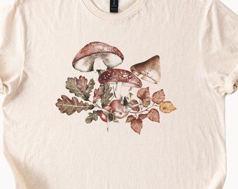 Fall Mushroom Forest Shirt with Oak Leaves and Autumn Foliage Graphic Nature Woodland Cottagecore Aesthetic Botanical Tee