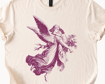 Camiseta con gráfico de ángel, camiseta con arte de alas florales de ángel con niño, estética de color natural de Gildan, estilo vintage, amor incondicional