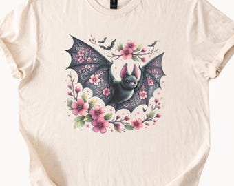 Söt fladdermus-T-shirt med blommig fladdermus-T-shirt Gotisk vårskjorta Naturbeige färgad bomullstopp