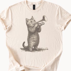 Funny cat playing trumpet vintage sketch animal music lover shirt Gildan Softstyle natural graphic tee retro pet art t shirt