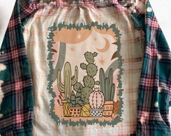 Desert lover graphic shirt, bleached shirt, flannel shirts, custom made upcycled clothing plant lover cactus, gardener whimsical