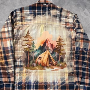Camping graphic flannel shirt bleached shirts custom made, for outdoor lover, plaid long sleeve upcycled clothing boho, Made To Order