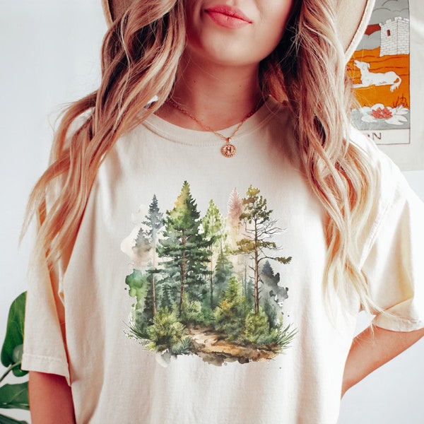 Watercolor Forest Print T-Shirt, Nature Lover Tee, Soft Cotton Unisex Shirt, Artistic Trees Graphic Top, Casual Outdoor Wear Comfort Colors