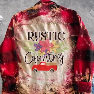 Rustic Country living shirt boho graphic flannel shirt, upcycled bleached flannel mens and womens Truck flowers floral scene country girl