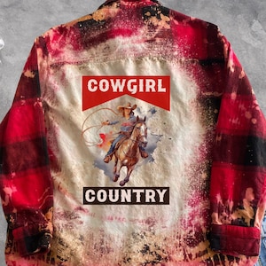 Cowgirl Country shirt, bleached boho flannel shirt, custom made one of a kind, upcycled clothing, rodeo shirt, western shirt, country girl