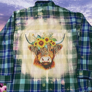 Boho Bleached Flannel With Very Cute Highland Cow With Sunflowers Graphic. Pre-Loved Upcycled Piece One of a Kind Custom Made For Each Order