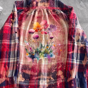 Wild Flower Graphic shirt, boho flannel shirt, bleached shirt custom made upcycled clothing flower cute floral graphic