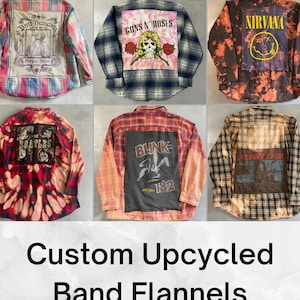 Bleached Flannel Band Upcycled shirt, Customize, Sustainable Fashion, Reworked repurposed. Oversize Flannel