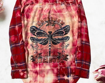 Dragonfly Boho Shirt, bleached custom flannel, Upcycled Clothing, Gift for women, Ladies Top, bohemian clothes, graphics shirts daydreamer