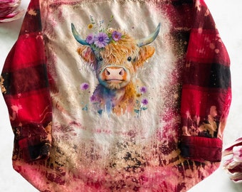Highland shaggy cow graphic shirt, upcycled clothing, bleached flannel shirt, boho style plaid, custom made long sleeve country living chic