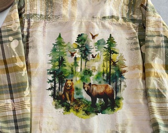 Beautiful Bears In Forest  Graphic On Bleached Flannel cottagecore, forestcore shirt, flannel shirt, upcycled reworked flannel made To order