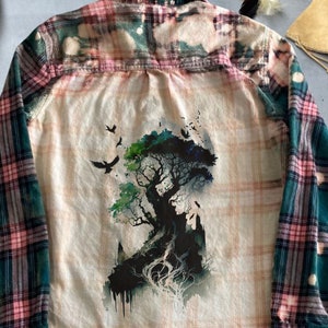 Bleached Flannel Shirt With Tree Birds Watercolor nature Scene Shirt, Upcycled Clothing, Custom made To Order