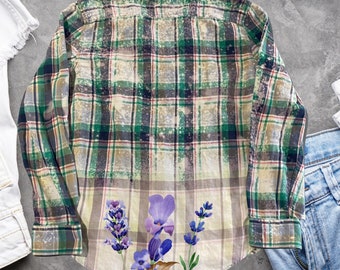 Boho shirt, bleached shirt, upcycled flannel shirts, purple flower, floral dip dyed flannel half bleach pretty cute anniversary gifts