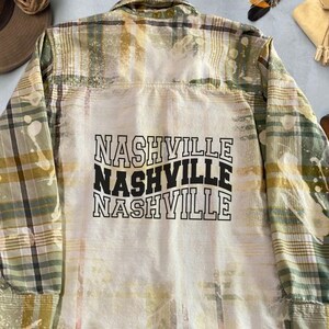 Nashville Graphic Flannel Shirt, Bleached Flannel with back Graphic, Boho Shirt, Custom Made on Upcycled Flannel Made To Order