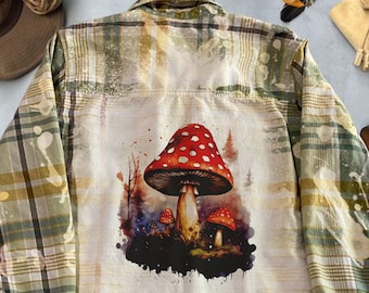 Red Mushrooms In Forest  Graphic On Bleached Flannel Shirt, custom bleached shirt, gift for friend, unique upcycled reworked clothing