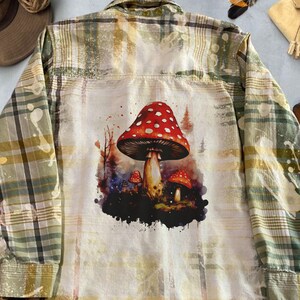 Red Mushrooms In Forest  Graphic On Bleached Flannel Shirt, custom bleached shirt, gift for friend, unique upcycled reworked clothing