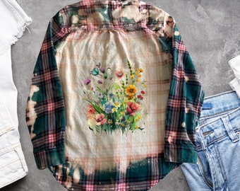 Wild Flower Graphic shirt, boho flannel shirt, bleached shirt custom made upcycled clothing flower cute floral graphic