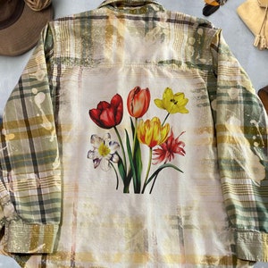 Beautiful Colorful Flowers Flannel Bleached Shirt Boho Aesthetics Style Custom Flannel Long Sleeve Comfortable Perfect For Holidays