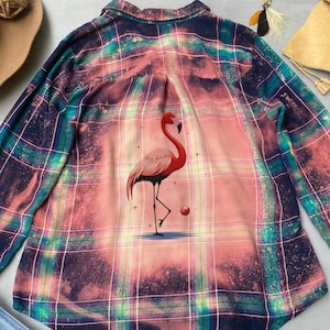 Pink Flamingo Graphic Flannel Shirt, Bleached Custom Made To Order Shirt, Beach Vibe, Upcycled Shirt, Plaid Flannel