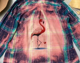 Pink Flamingo Graphic Flannel Shirt, Bleached Custom Made To Order Shirt, Beach Vibe, Upcycled Shirt, Plaid Flannel
